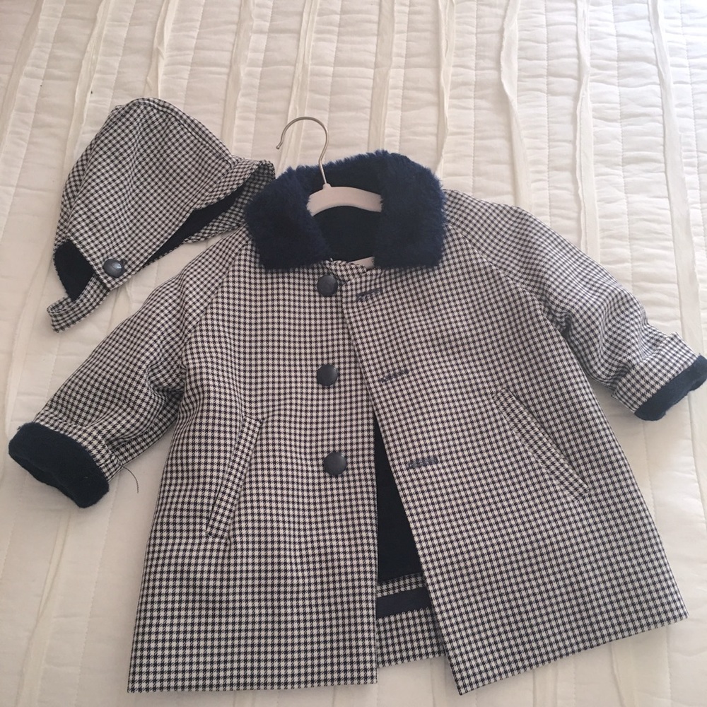 Baby Girl Navy & White Herringbone Coat